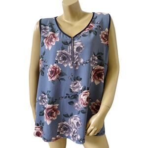 Modern Attraction Floral Zip Tank Top Womens Plus 1X Sleeveless Blue Stretch